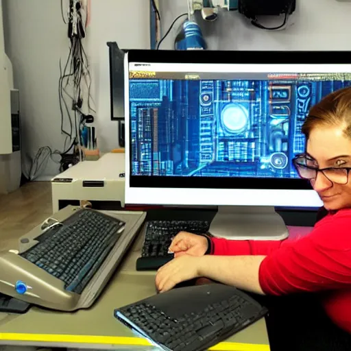 Prompt: “ chubby cyberpunk elf woman hacker sitting in front of sci - fi computer, in process of pen test, realistic ”