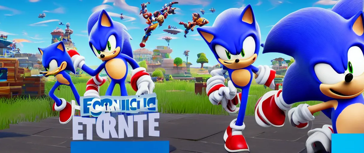 Prompt: sonic in fortnite announcement advertising