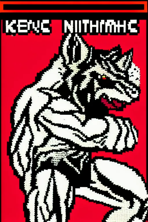 Image similar to extreme long shot. 8 bit nes graphics. hermann nitschantropomorphic muscular masculine wolf. kickboxer fighter, in shorts. wolf head. art from nes game cartridge,