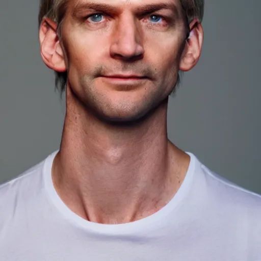 Image similar to full face color photograph of a 40 year old very handsome skinny white man with short, curly, light blond hair and very small slanted blue eyes, dressed in a white t shirt, gray shorts and black socks, with a small mole to the right of his very thin lips, with a straight nose and blond stubble on his round face, and an earring in the left ear. He resembles a lion.