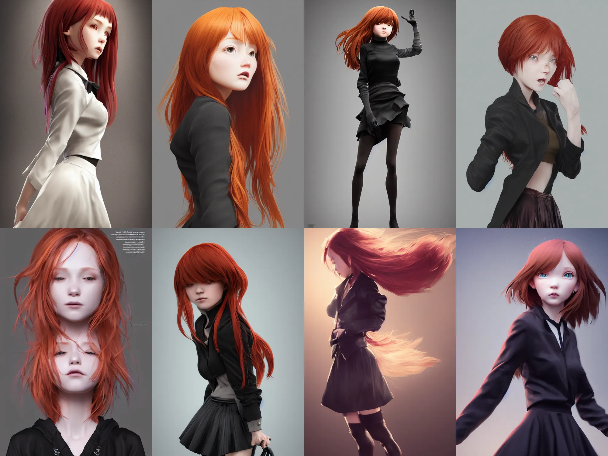 Prompt: Very complcated dynamic composition, realistic style at Pixiv, Zbrush sculpt colored, Octane render in Maya and Houdini VFX, young redhead girl in motion, wearing jacket and skirt, black silky hair, black stunning deep eyes. By ilya kuvshinov, krenz cushart, Greg Rutkowski, trending on artstation. Amazing textured brush strokes. Cinematic dramatic soft volumetric studio lighting