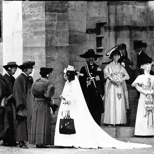 Image similar to The Empress was smiling and waving to the spectators as they waited outside the church in this extreme wide shot, black and white Russian and Japanese combination historical fantasy photographic image of a Royal wedding taken in 1907 by the event's official photographer.