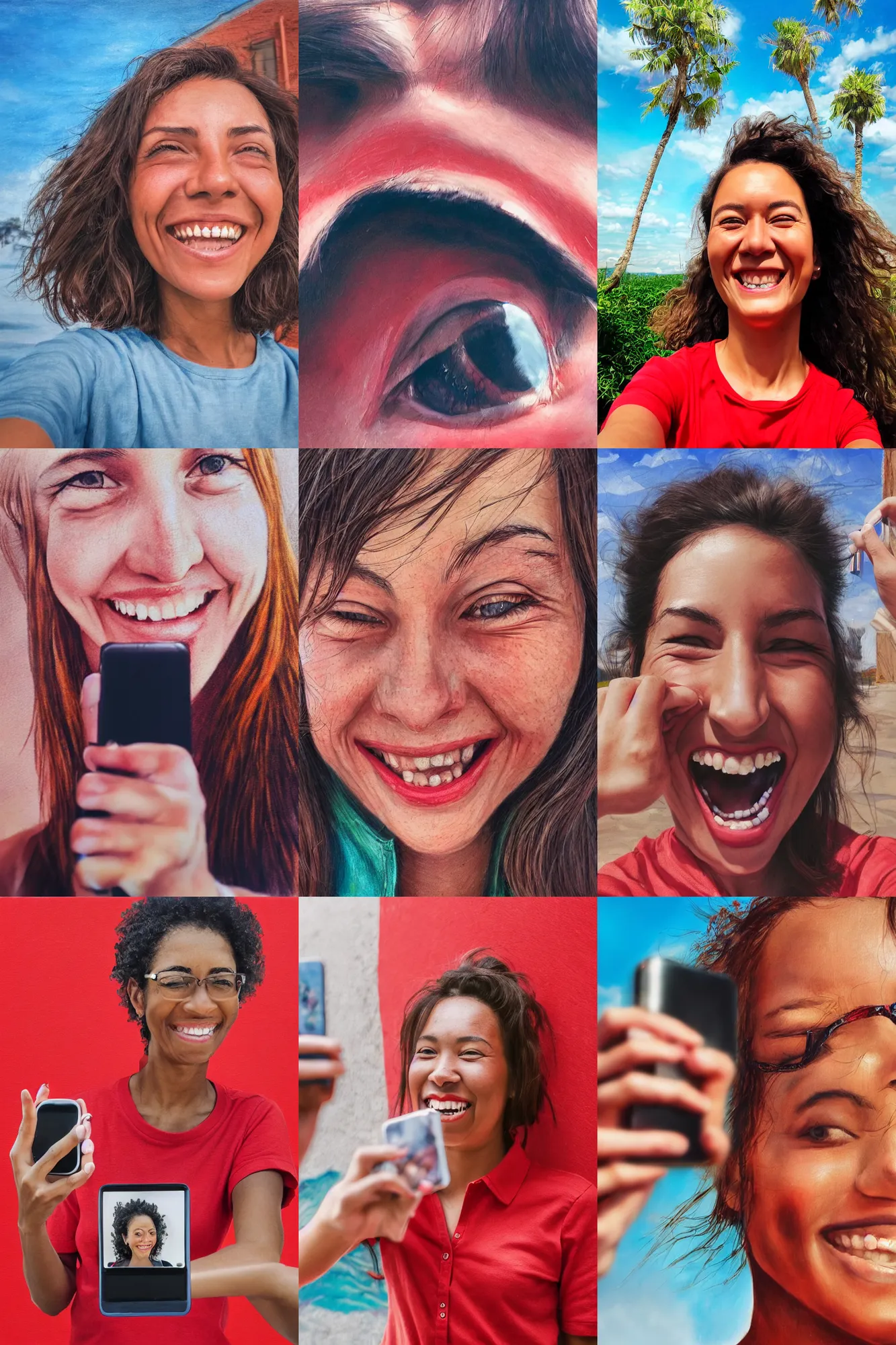 Prompt: a smiling women taking a zoomed out selfie, hyper realistic photography, highly detailed, sharp focus, good vibes, realistic, highly detailed attribute, award winning, art by portrait realistic illustrators, red shirt