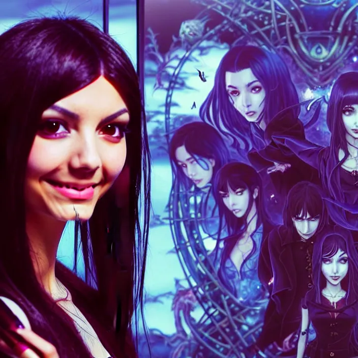 Prompt: victoria justice is studying arcane dark magic, illustrated on transparent glass by ross tran, katsuhiro otomo, yoshitaka amano, artgerm, and wes anderson. 3 d shadowing effect!!!, 8 k resolution!!!