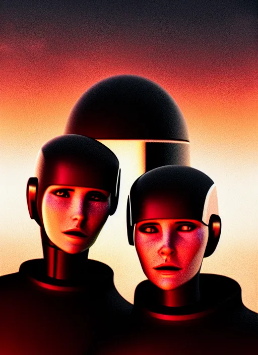 Image similar to cinestill 5 0 d photographic portrait of two loving female androids wearing rugged black techwear on a desolate plain with a red sky in front of a brutalist structure, extreme closeup, cyberpunk style, dust storm, 8 k, hd, high resolution, 3 5 mm, f / 3 2, ultra realistic faces, ex machina