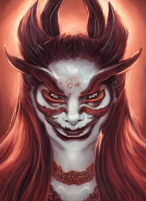 Prompt: a beautiful detailed oil on copper art illustration of a japanese oni kitsune mask devil woman, the mask is broken, centered, by charlie bowater, zeng fanzh, trending on artstation, dim dusk lighting, cinematic lighting, detailed lighting, volumetric lighting, realistic, f 8, 4 k hd wallpaper