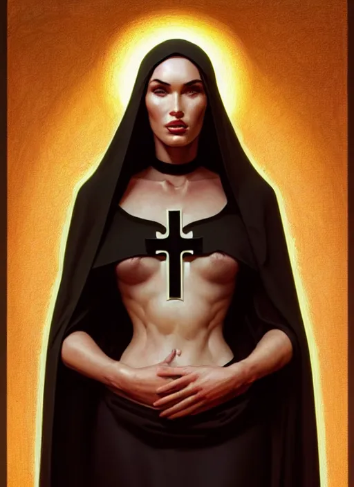 Image similar to portrait of megan fox as a sultry nun, catholic, church, bible, christian, intricate, headshot, highly detailed, digital painting, artstation, concept art, sharp focus, cinematic lighting, illustration, art by artgerm and greg rutkowski, alphonse mucha, cgsociety