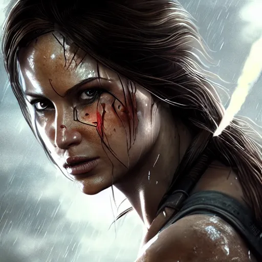 Image similar to Lara croft as spiderwoman,face get water , heavy rain ,dramatic, intricate, highly detailed, concept art, smooth, sharp focus, illustration, Unreal Engine 5, 8K