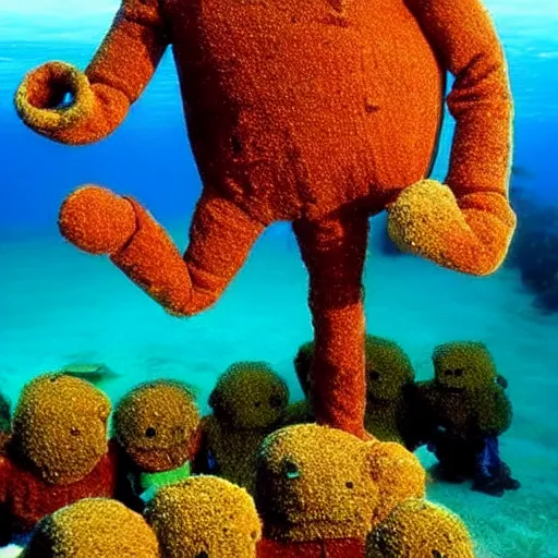 Prompt: rusted barnacle covered teletubby at the bottom of the ocean