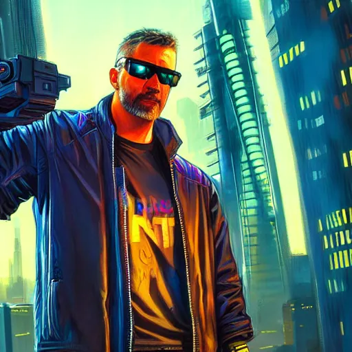 Image similar to epic portrait of cyberpunk Carpenter Charisma wearing mirrorshades, Night City, cyberpunk 2077, neon megacity in the background, angry and bored, illustration, soft lighting, soft details, painting oil on canvas by mark arian by artgerm, trending on artstation, 4k, 8k, HD