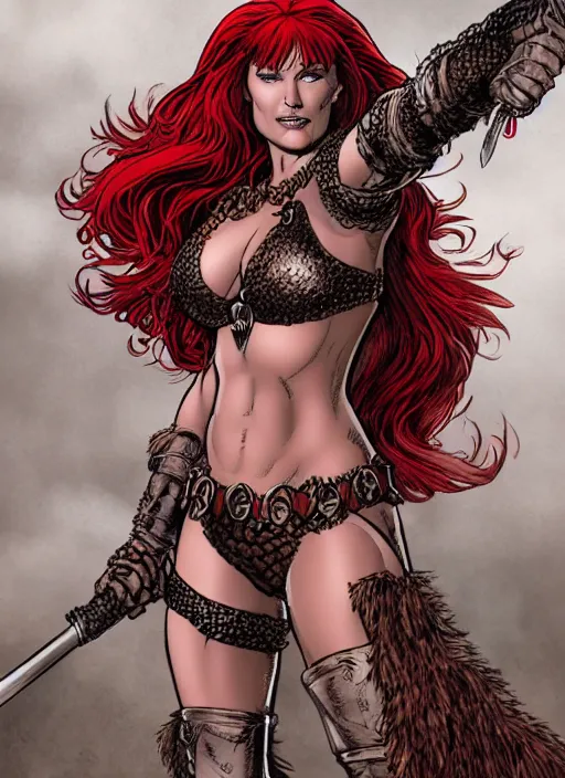 Prompt: a portrait of red sonja