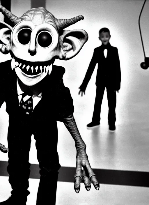 Image similar to creepy realistic scary gangly goblin monster invades the set of a 9 0's childrens tv gameshow, grainy black and white surveillance