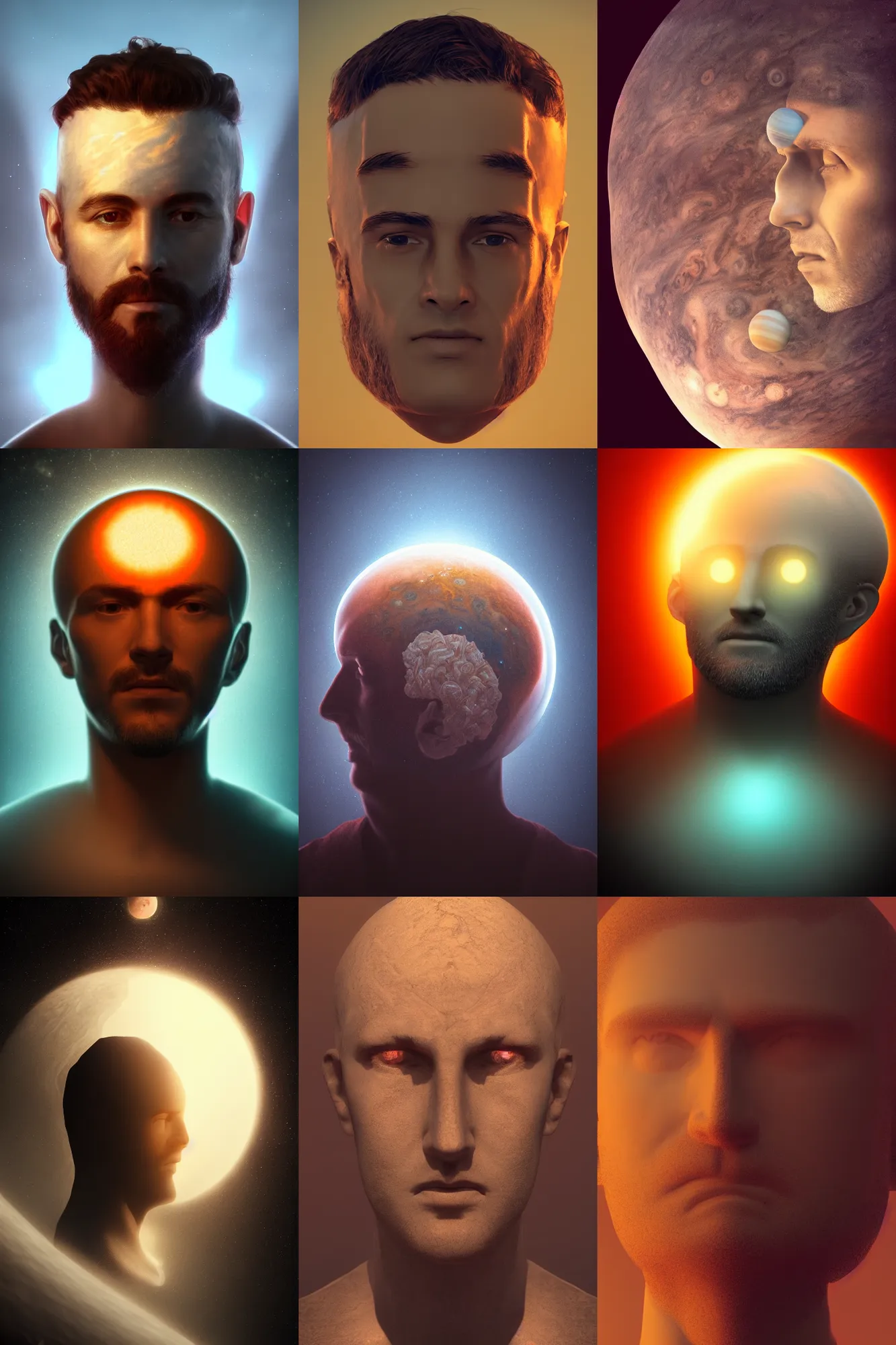 Prompt: A beautiful portrait of a man with a head made of planet Jupiter, backlight, volumetric lighting, detailed, trending on artstation
