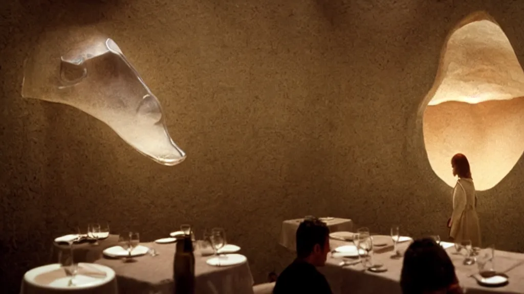 Image similar to the giant nose in the restaurant, made of water, film still from the movie directed by Denis Villeneuve with art direction by Salvador Dalí, wide lens