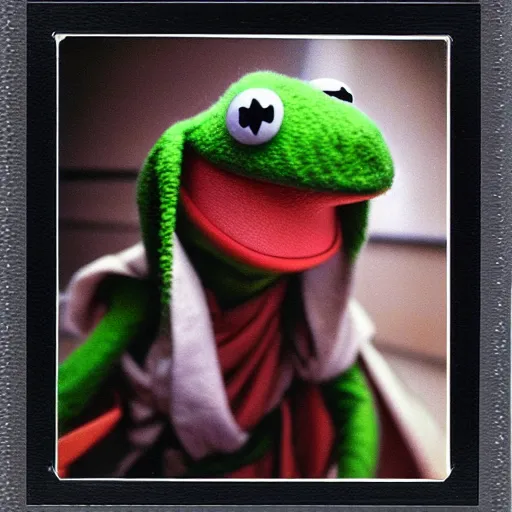 Prompt: Kermit the frog dressed as a Obi Wan, polaroid photo, instax, white frame, by Warhol,