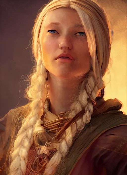 Image similar to blonde peasant woman, fantasy, medieval, vivid colors, fantasy, elegant, concept art, sharp focus, beautiful face!!, digital art, hyper - realistic, 4 k, unreal engine, highly detailed, hd, dramatic lighting by brom, trending on artstation