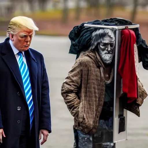 Image similar to donald trump dressed as a homeless man living in the slums