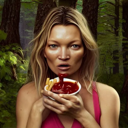 Prompt: A beautiful hyper realistic ultra detailed lifelike matte painting of Kate Moss eating big macs in the forest, serving fries, covered in ketchup, unreal engine, deviantart, flickr, artstation, octane render, textured, colorful, extreme realistic detail, physically based rendering, pbr render, very detailed, volumetric lighting, detailed lighting, octane render, 4k, cinematic lighting, 8k resolution