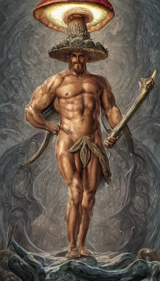 Image similar to a masterpiece hyperdetailed dnd tarot card, magnificent mushroom deity as depicted in a colossal greek marble statue ( with godlike bodybuilder physique ), hd tarot card depicting monumental statue of a mushroom god with cute large mushroom hat, hdr, 8 k, artstationhq, digital art by greg rutkowski and wayne barlowe