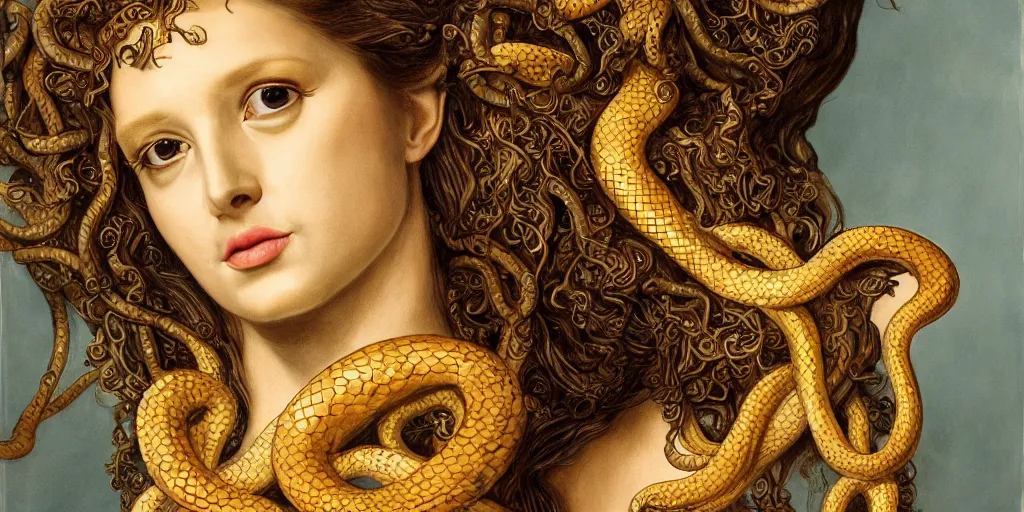 Image similar to realistic portrait of beautiful medusa with her snakes, golden, delicate, facing camera, hyper realism, 1 4 5 0, ink, ultra realistic, 8 k