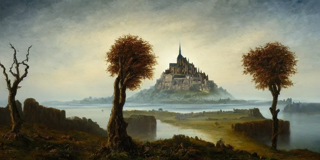 Image similar to masterpiece oil painting portraying mont saint michel in the style of romanticism landscape painters with a tree on the foreground,beautiful,misty,evocative