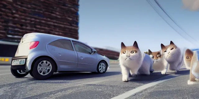 Image similar to a car of cats out driving around, octane render, highly detailed