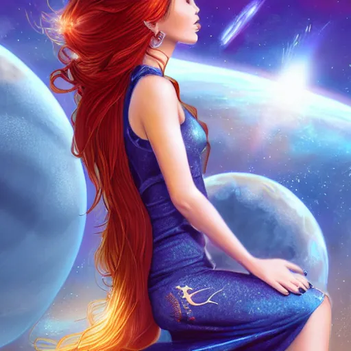 Image similar to a full body photo portrait of a beautiful tattooed redhead woman sitting, carrying a laser gun, a planet in the background. blue tight dress, light iridescent hair color, fantasy, realistic, intricate, sharp focus, lens flare, bloom, rim light, illustration, highly detailed, digital painting, concept art, matte, art by ruan jia