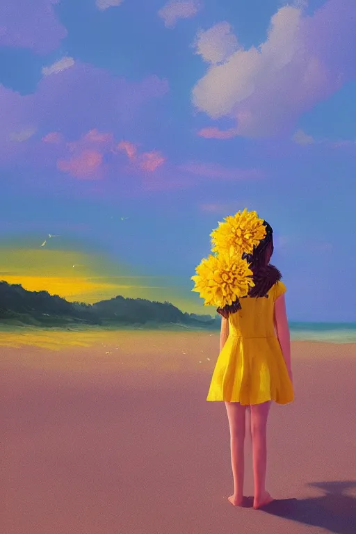 Image similar to closeup girl with huge yellow dahlia flower face, at beach, surreal photography, blue sky, sunrise, dramatic light, impressionist painting, digital painting, artstation, simon stalenhag