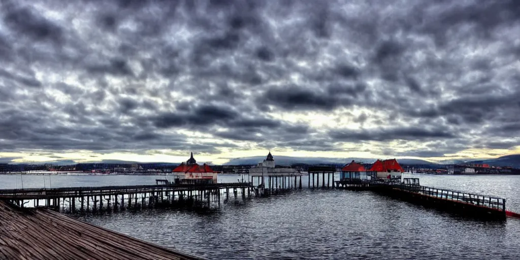 Image similar to pier in Oslo with aurora, digital art, amazing details, beautiful view