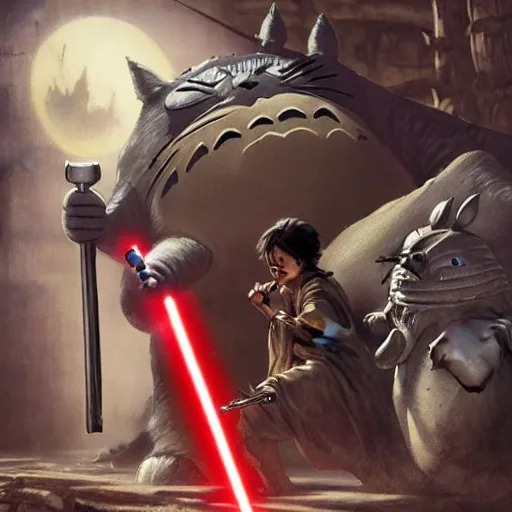 Image similar to totoro jedi slaying a sith lord, intricate detail, royo, klimt, miro, vallejo, frazetta, giger, whealan, hd, unreal engine,