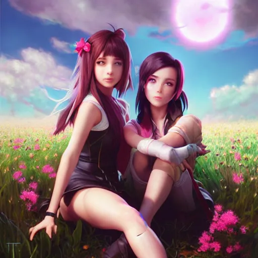 Image similar to aerith and yuffie from final fantasy 7 remake by tom bagshaw, sitting in a flower field by ilya kuvshinov, rtx reflections, maya, extreme high intricate hyperrealistic details by wlop, digital art by ross tran, medium shot, composition by sana takeda, dramatic lighting by greg rutkowski