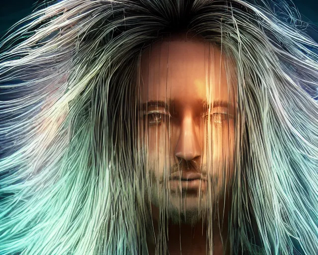 Image similar to glowing hair, supercomputer complex cybernetic beings, beautiful hairy humanoids, cybergods, cybermagnetosphere, cybernetic civilizations, ornate hair, love, joy, vortexes, large arrays, data holograms, 8 k, cinematic light shadows, wet hdr refractions