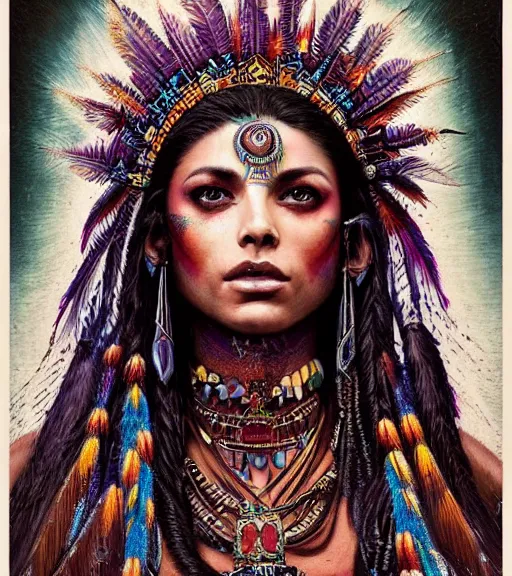 Image similar to beautiful Aztec princess, colorful feathers in her hair, ancient symbolic tattoos, gorgeous, in the style of greg rutkowski, symetrical, oryantalist, photo realistic, 8k, epic, ultra detailed, by Gustave Doré, by Marco Turini, by Artgerm, Deviantart in the style of Tom Bagshaw, Cedric Peyravernay, Peter Mohrbacher by William-Adolphe Bouguereau, by frank frazetta, symetrical features, joyful