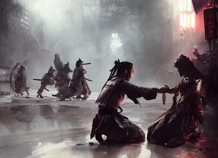 Prompt: samurai is on his knees, there is chaos around, volumetric lighting, digital painting, highly detailed, artstation, sharp focus, illustration, concept art, ruan jia, steve mccurry, amazing composition, gothic arch frame