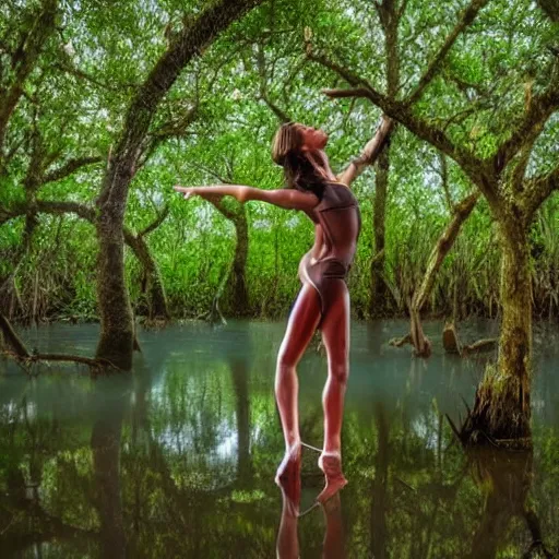 Image similar to a dancer made of wet clay in a mangrove swamp, cinematic light, beautiful dreamy lighting,