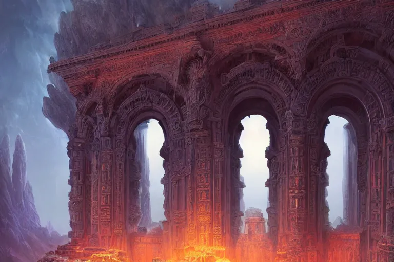 Prompt: beautiful detailed digital matte painting of massive stone arched glowing electric astral gateways, carved temple ruins, by Raphael LaCoste and Hubert Robert and Anato FinnStark, epic architecture, diffusive magic, carved stone, intricate detail, gothic, romanesque, futuristic, dark rainbow