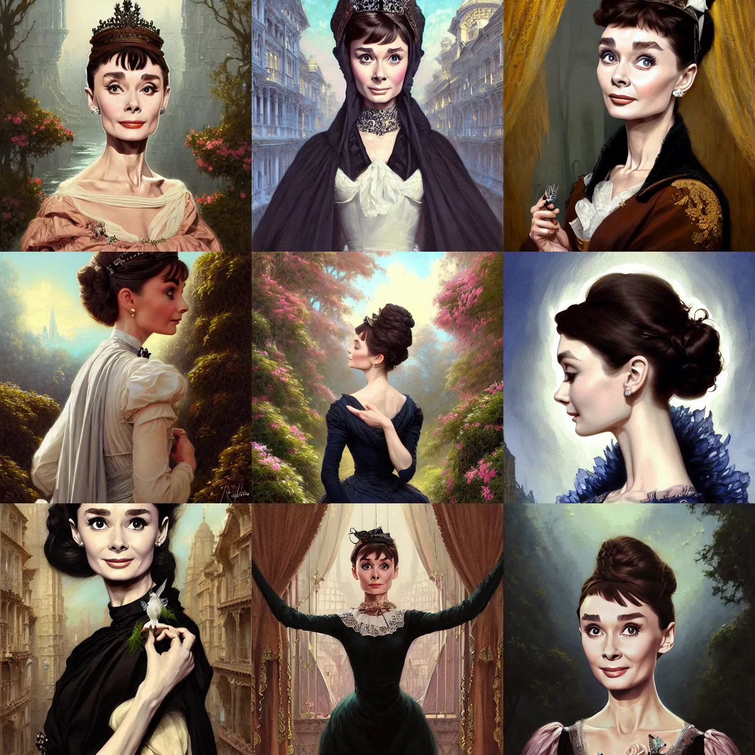 Prompt: audrey hepburn in an epic victorian novel, various backgrounds, intricate, elegant, highly detailed, digital painting, artstation, matte, illustration, art by artgerm, greg rutkowski, loish, rhads, ferdinand knab, makoto shinkai, lois van baarle, ilya kuvshinov, rossdraws, tom bagshaw