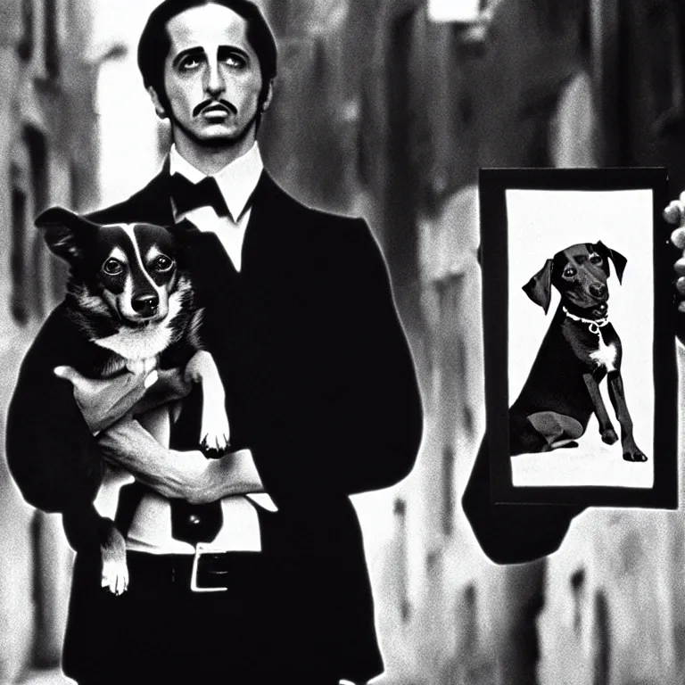 Prompt: man holding a dog photograph, the godfather film screencap, 1 9 7 2, greg rutkowski
