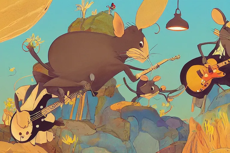 Image similar to rats playing in a rock band inspired by the beatles, beautiful, dreamlike, wholesome, ghibli and disney animation, sharp, intricated, art by ken anderson and mel shaw, bloom, dramatic lighting, brown palette,