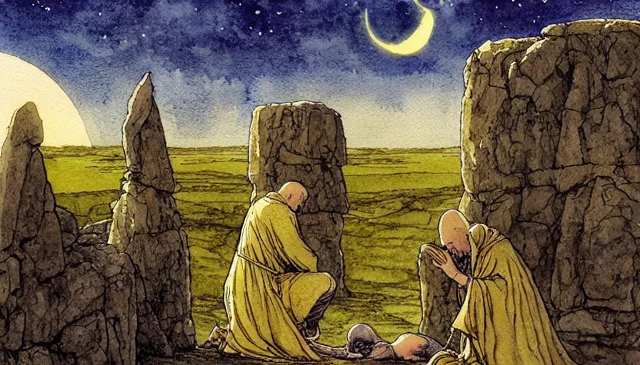 Prompt: a realistic and atmospheric watercolour fantasy concept art of a golden ufo landing in stonehenge. a giant medieval monk in grey robes on his knees praying. a sliver of moon in the sky. muted colors. by rebecca guay, michael kaluta, charles vess and jean moebius giraud