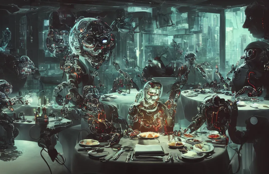 Image similar to mirta legrand's heads floating in a fishbowl with cybernetic tubes in a robot body sitting at the table having lunch with cyborgs in the apocalypse. cyberpunk movie, octane render