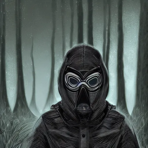 Image similar to hyper-detailed digital painting of a masked man in a dark forest