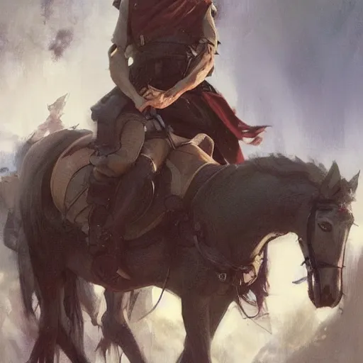 Image similar to a rider on the back of a horse, a storybook illustration by krenz cushart and phil hale, pixiv contest winner, fantasy art, official art, concept art, storybook illustration. detailed masterpiece.