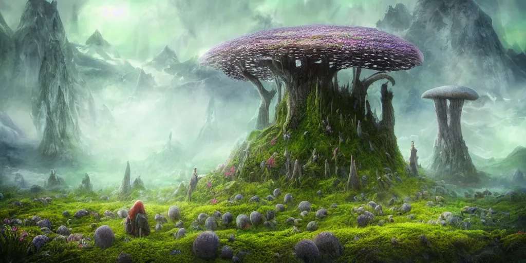 Image similar to surreal fairyland scenery landscape, lord of the rings, aurora borealis, mist, monoliths, flowers, mushroom structures, moss highly detailed, vivid color, perfect lighting, perfect composition, 8 k, brian froud, artgerm, derek zabrocki, greg rutkowski