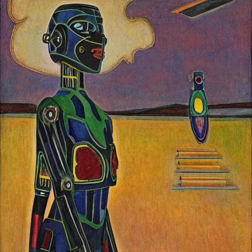 Image similar to the crow in her robot mask stands on the lawn, by annie swynnerton and kit williams and diego rivera and leo and diane dillon and nicholas roerich, symbolist, dramatic lighting, elaborate geometric ornament, art brut, god rays, soft cool colors, smooth, sharp focus, extremely detailed