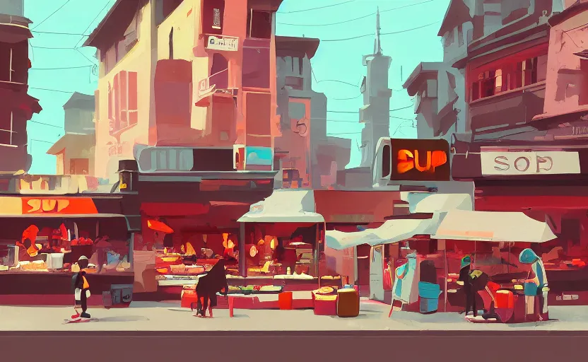 Image similar to soup shop in a busy market, aliens on the street, james gilleard, print, game art