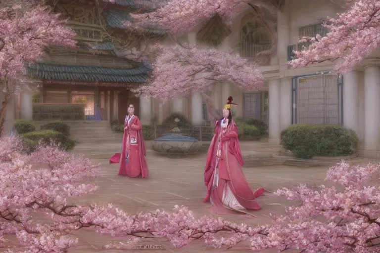 Prompt: a beautiful picture of sakura in full bloom, palace ， a girl in hanfu, by mendoza, larry elmore, donato giancola and thomas kinkade, trending on artstation