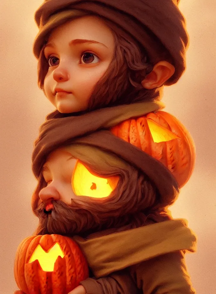 Image similar to hand drawn cute one gnomes face in autumn and pumpkin, detailed closeup face, concept art, low angle, high detail, warm lighting, volumetric, godrays, vivid, beautiful, trending on artstation, art by artgerm and greg rutkowski and alphonse mucha