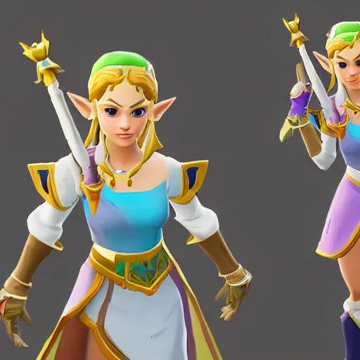 Image similar to princess zelda in fortnite, character render, full body shot, highly detailed, in game render