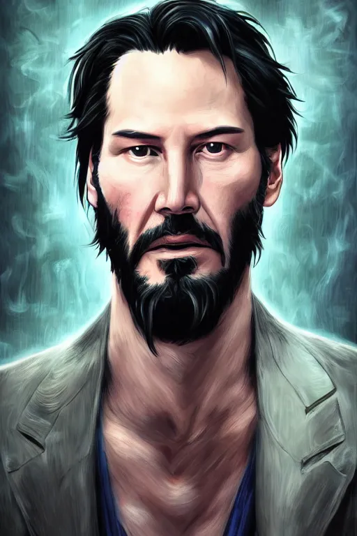 Prompt: Portrait of Keanu Reeves in the style of JoJo's Bizarre Adventure by Hirohiko Araki, rugged beard, long dark hair, beautiful bone structure, intricate, elegant, realistic face, highly detailed, digital painting, artstation, concept art, smooth, sharp focus, manga illustration, art by artgerm and greg rutkowski and alphonse mucha